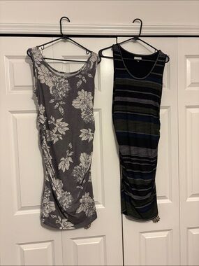 2 Maternity Sleeveless Floral Tank Dress & Black Striped Tank Dress